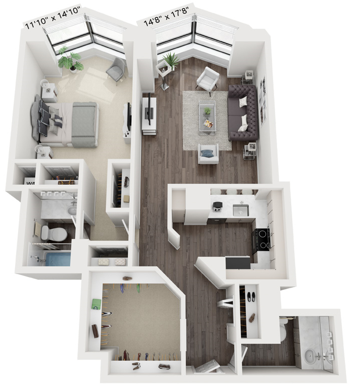 Floor plan for 1 bed, 1.5 baths, 940 sqft
